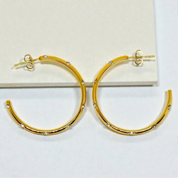 18k Gold Stainless Steel Anti-Tarnish Luxury Hoop Earrings w/ CZ Crystal Inlay - Picture 12 of 14